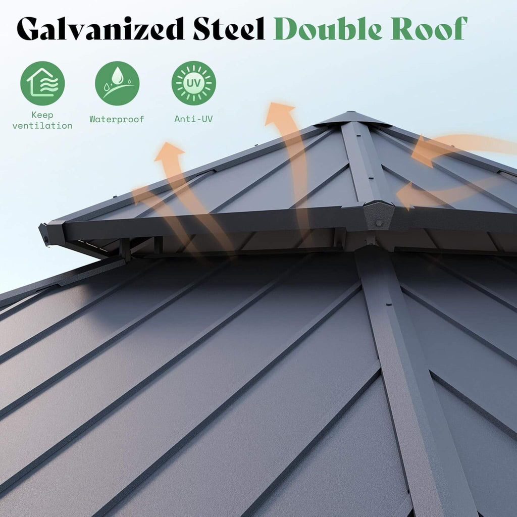 [13X15FT] Alora Double-Tier Hexagonal Metal Hardtop Patio Gazebo With Curtains (SAK84137)