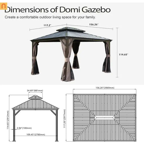 Hardtop Gazebo Steel Brown 10x13ft Curtains Netting 40MPH